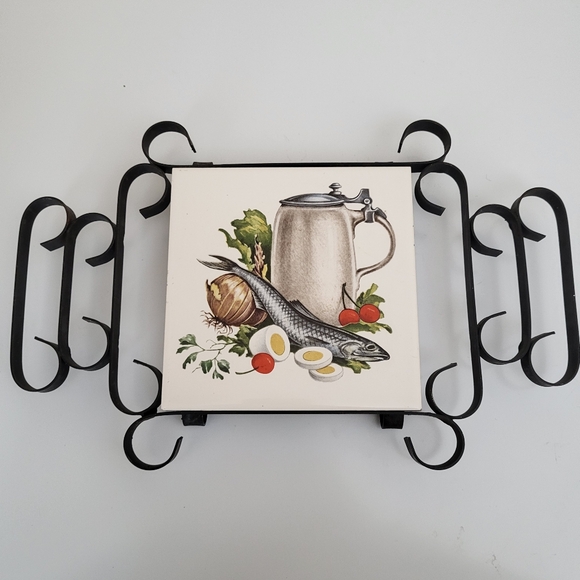 Vintage Wrought Iron and Ceramic Tile Trivet Fish and Eggs - Picture 1 of 16